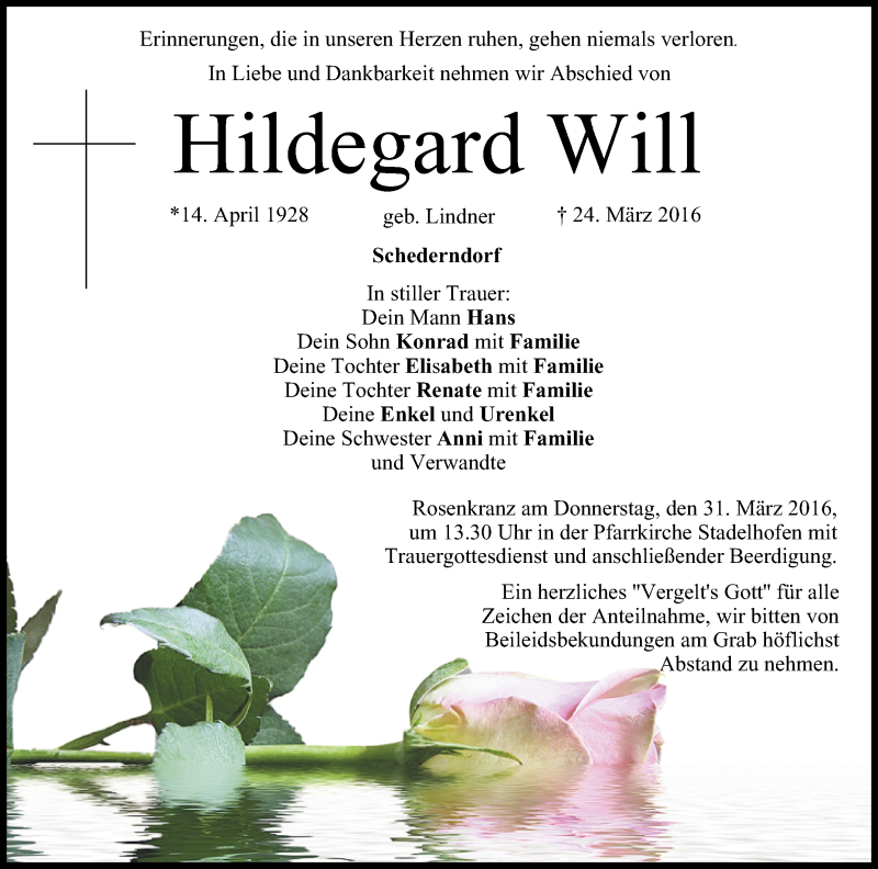  Traueranzeige für Hildegard Will vom 29.03.2016 aus MGO