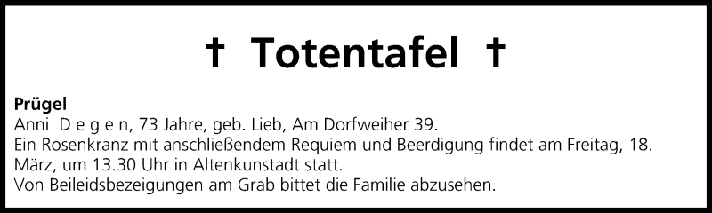 Traueranzeige für Totentafel vom 18.03.2016 vom 18.03.2016 aus MGO