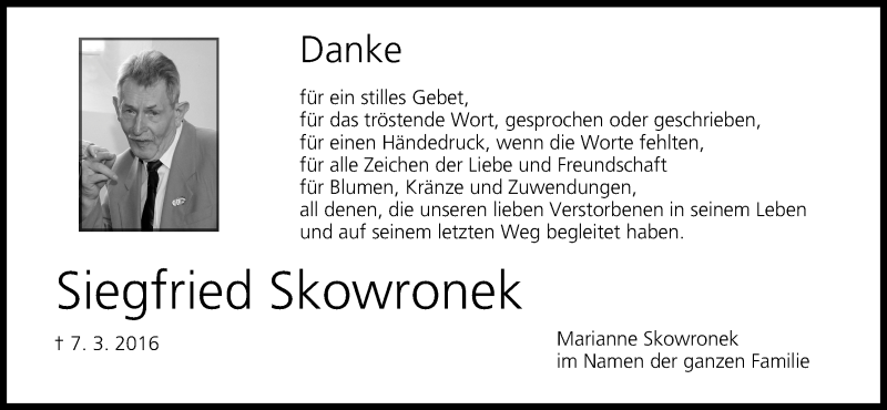  Traueranzeige für Siegfried Skowronek vom 19.03.2016 aus MGO