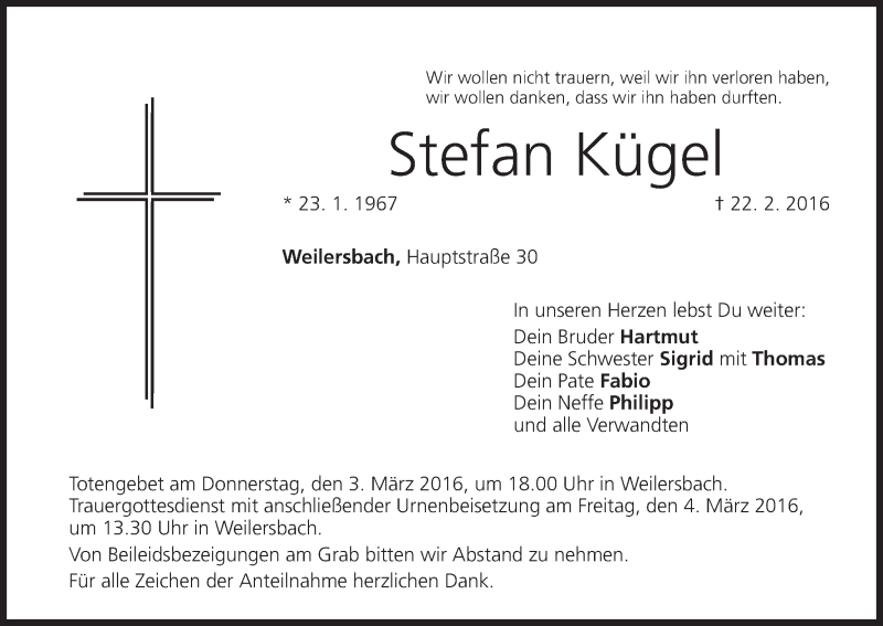  Traueranzeige für Stefan Kügel vom 01.03.2016 aus MGO