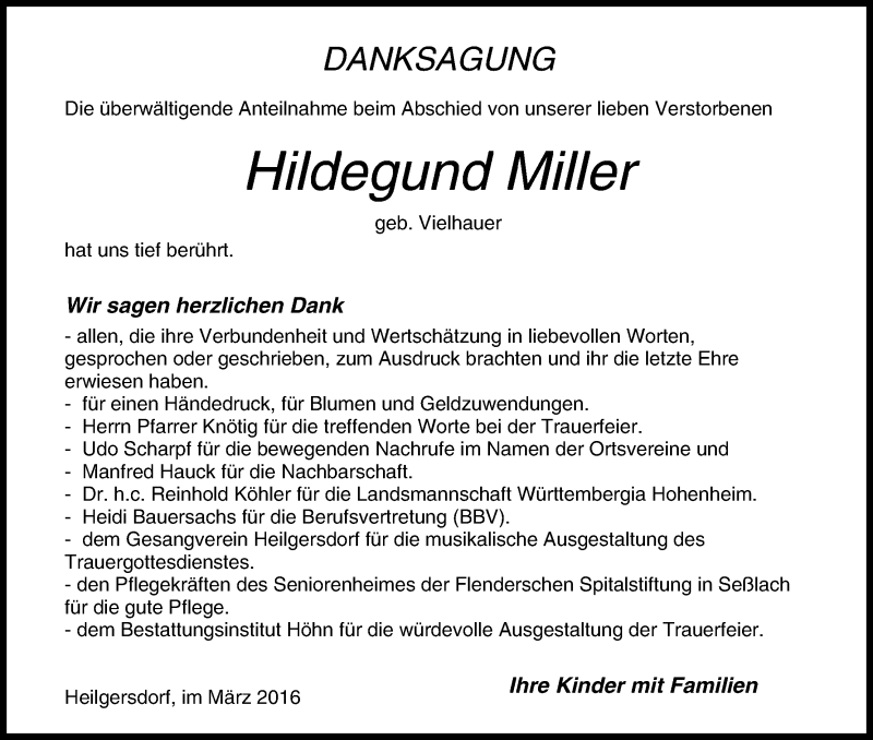  Traueranzeige für Hildegund Miller vom 05.03.2016 aus MGO