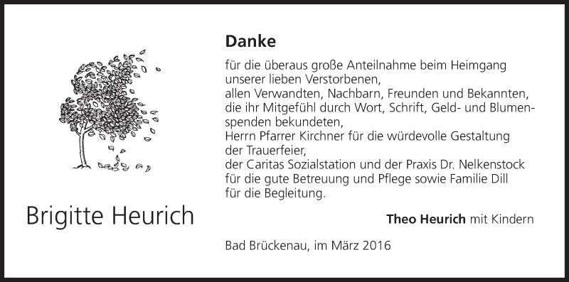  Traueranzeige für Brigitte Heurich vom 05.03.2016 aus MGO