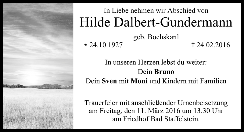  Traueranzeige für Hilde Dalbert-Gundermann vom 05.03.2016 aus MGO
