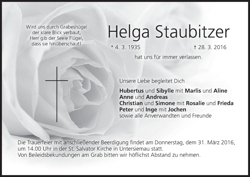  Traueranzeige für Helga Staubitzer vom 30.03.2016 aus MGO