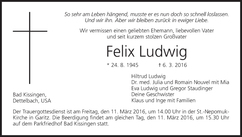  Traueranzeige für Felix Ludwig vom 09.03.2016 aus MGO