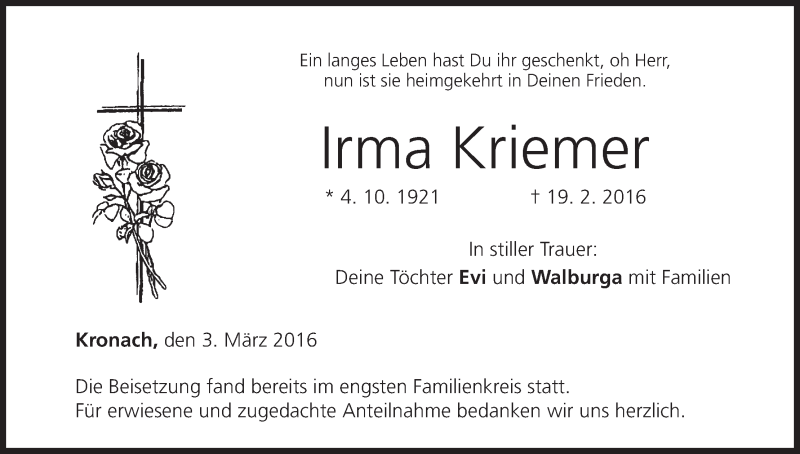  Traueranzeige für Irma Kriemer vom 03.03.2016 aus MGO