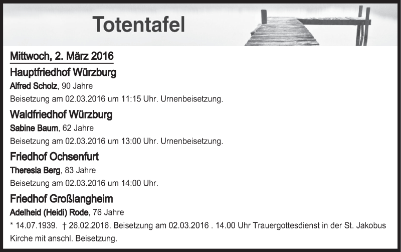  Traueranzeige für Totentafel vom 02.03.2016 vom 02.03.2016 aus MGO