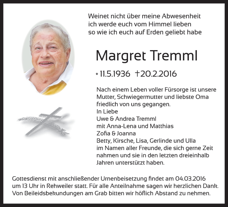  Traueranzeige für Margret Tremml vom 01.03.2016 aus MGO