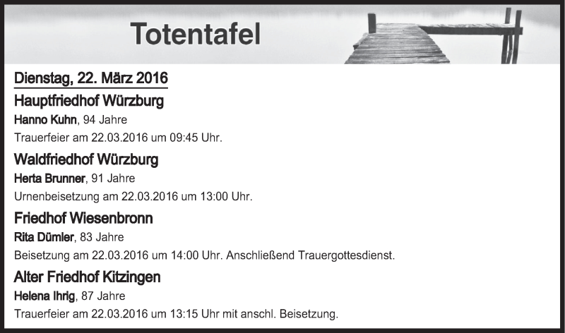  Traueranzeige für Totentafel vom 22.03.2016 vom 22.03.2016 aus MGO