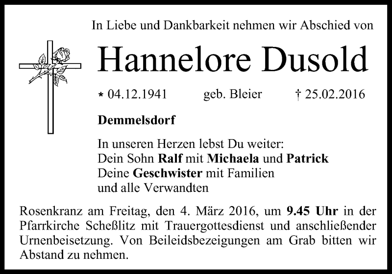  Traueranzeige für Hannelore Dusold vom 02.03.2016 aus MGO