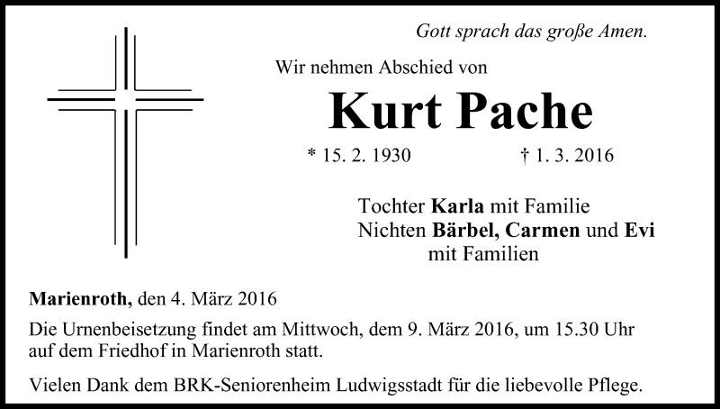  Traueranzeige für Kurt Pache vom 04.03.2016 aus MGO