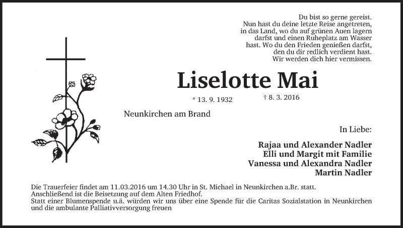  Traueranzeige für Liselotte Mai vom 10.03.2016 aus MGO