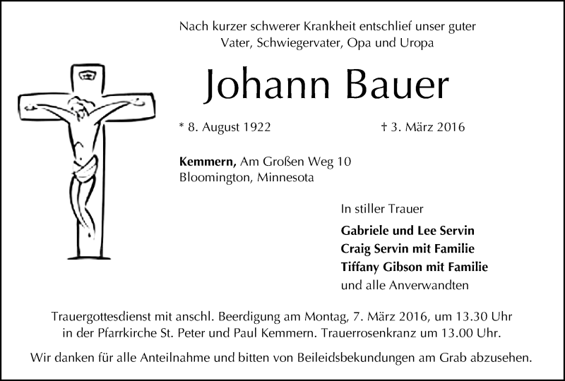  Traueranzeige für Johann Bauer vom 04.03.2016 aus MGO