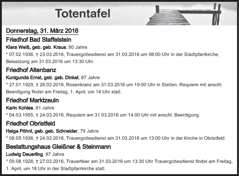  Traueranzeige für Totentafel vom 31.03.2016 vom 31.03.2016 aus MGO