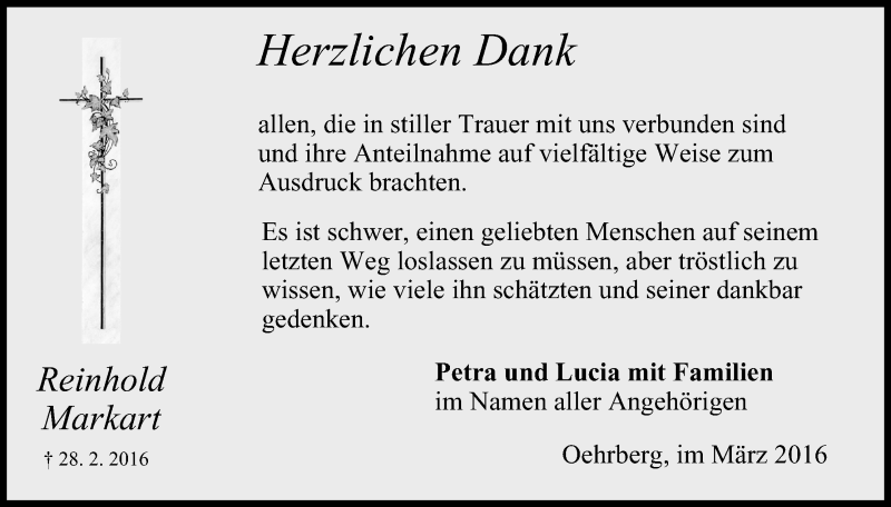  Traueranzeige für Reinhold Markart vom 19.03.2016 aus MGO