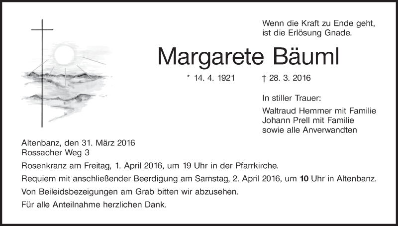  Traueranzeige für Margarete Bäuml vom 31.03.2016 aus MGO