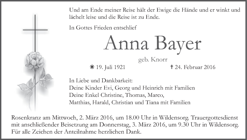  Traueranzeige für Anna Bayer vom 01.03.2016 aus MGO
