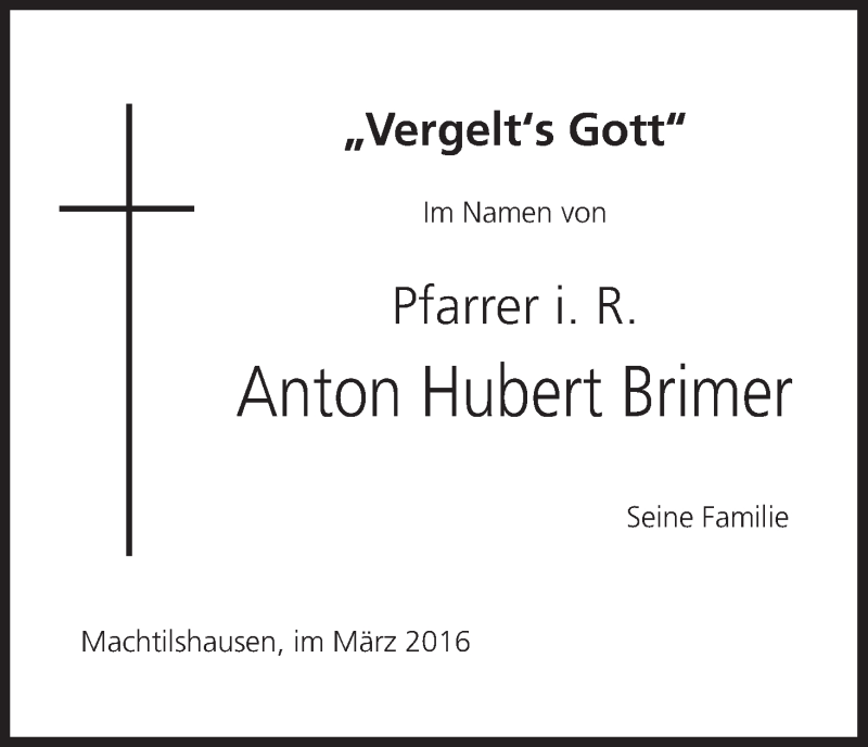  Traueranzeige für Anton Hubert Brimer vom 01.03.2016 aus MGO