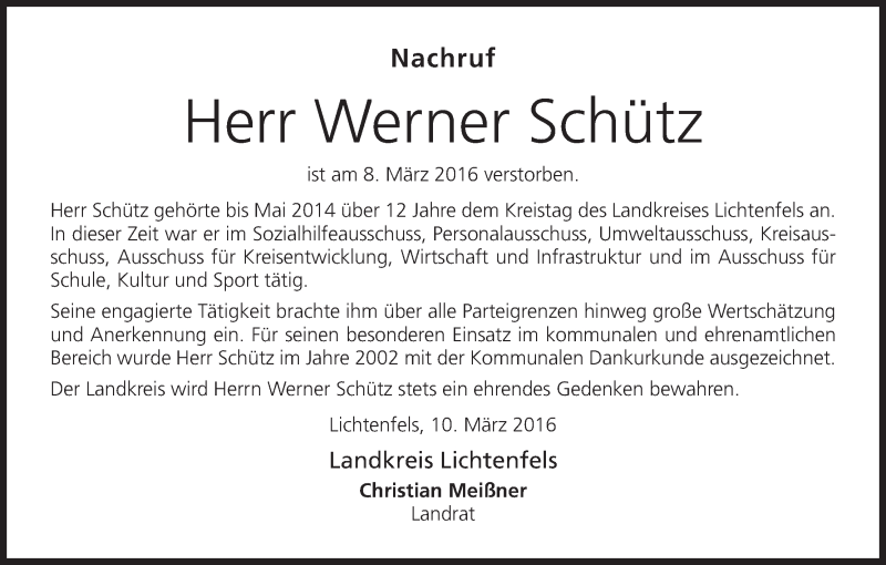 Traueranzeige für Werner Schütz vom 11.03.2016 aus MGO