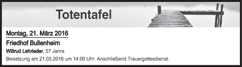  Traueranzeige für Totentafel vom 21.03.2016 vom 21.03.2016 aus MGO