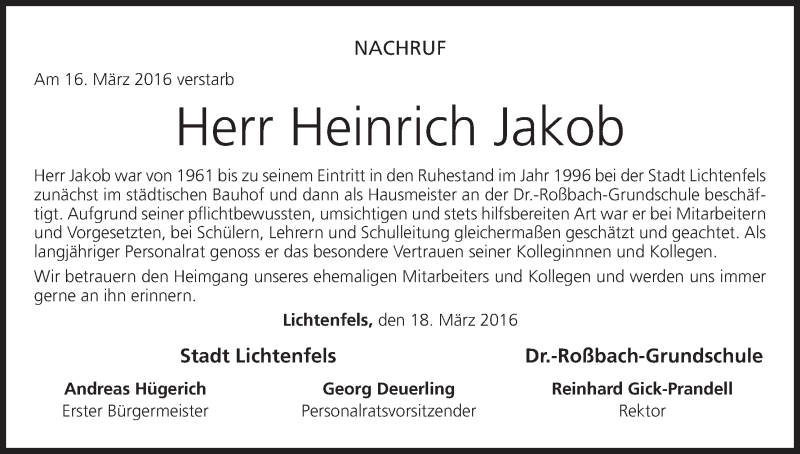  Traueranzeige für Heinrich Jakob vom 22.03.2016 aus MGO