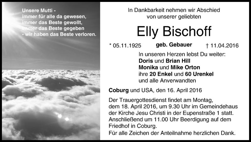  Traueranzeige für Elly Bischoff vom 16.04.2016 aus MGO