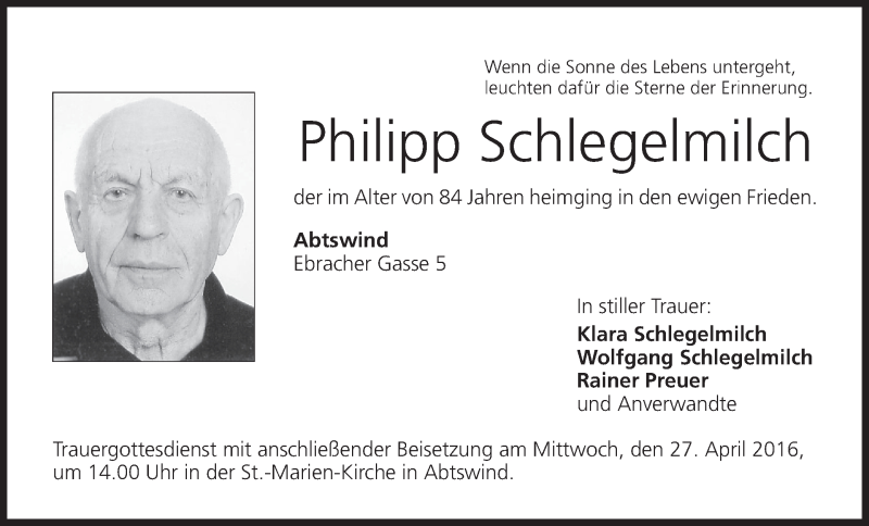  Traueranzeige für Philipp Schlegelmilch vom 26.04.2016 aus MGO