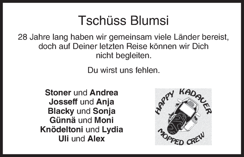  Traueranzeige für Blumsi  vom 11.04.2016 aus MGO