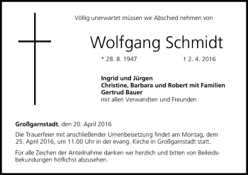 Anzeige von Wolfgang Schmidt von MGO