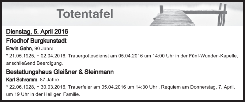  Traueranzeige für Totentafel vom 05.04.2016 vom 05.04.2016 aus MGO