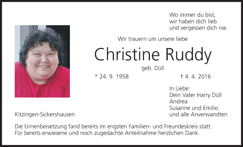 Traueranzeige für Christine Ruddy vom 28.04.2016 aus MGO