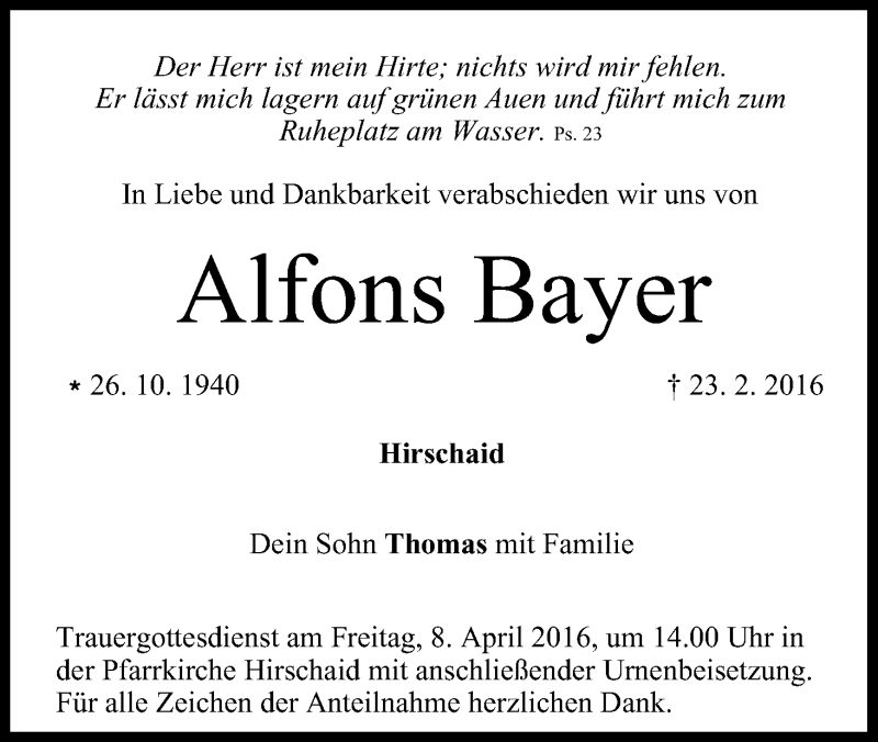  Traueranzeige für Alfons Bayer vom 02.04.2016 aus MGO