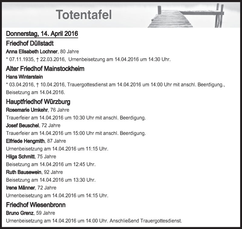  Traueranzeige für Totentafel vom 14.04.2016 vom 14.04.2016 aus MGO