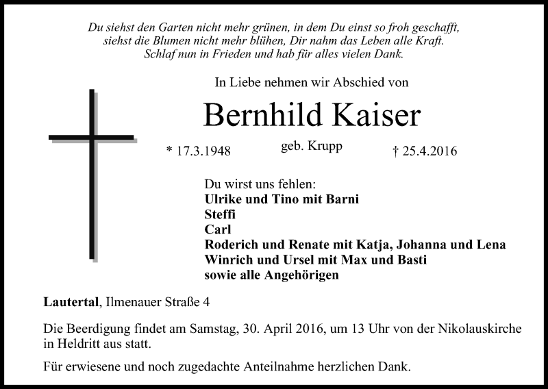  Traueranzeige für Bernbild Kaiser vom 28.04.2016 aus MGO