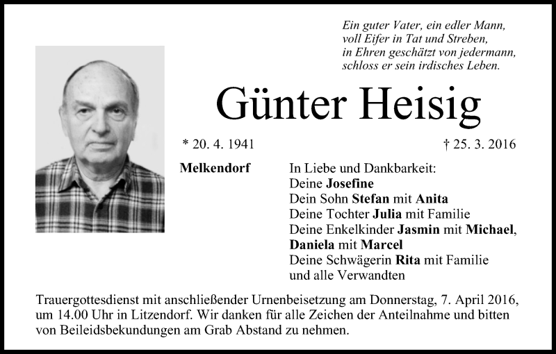  Traueranzeige für Günter Heisig vom 02.04.2016 aus MGO