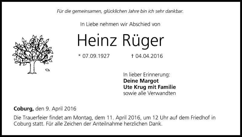  Traueranzeige für Heinz Rüger vom 09.04.2016 aus MGO