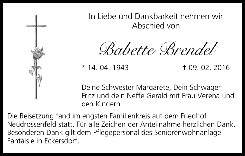  Traueranzeige für Babette Brendel vom 09.04.2016 aus MGO
