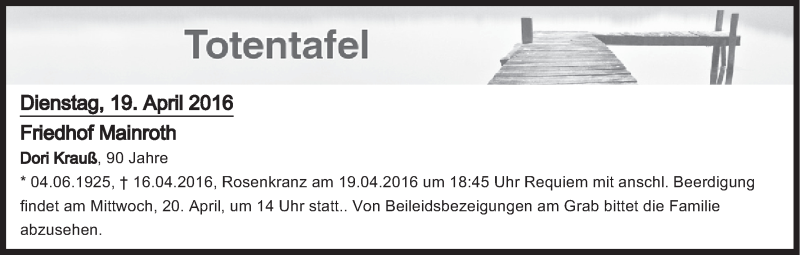  Traueranzeige für Totentafel vom 19.04.2016 vom 19.04.2016 aus MGO