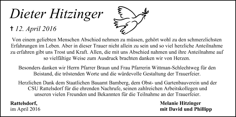  Traueranzeige für Dieter Hitzinger vom 30.04.2016 aus MGO