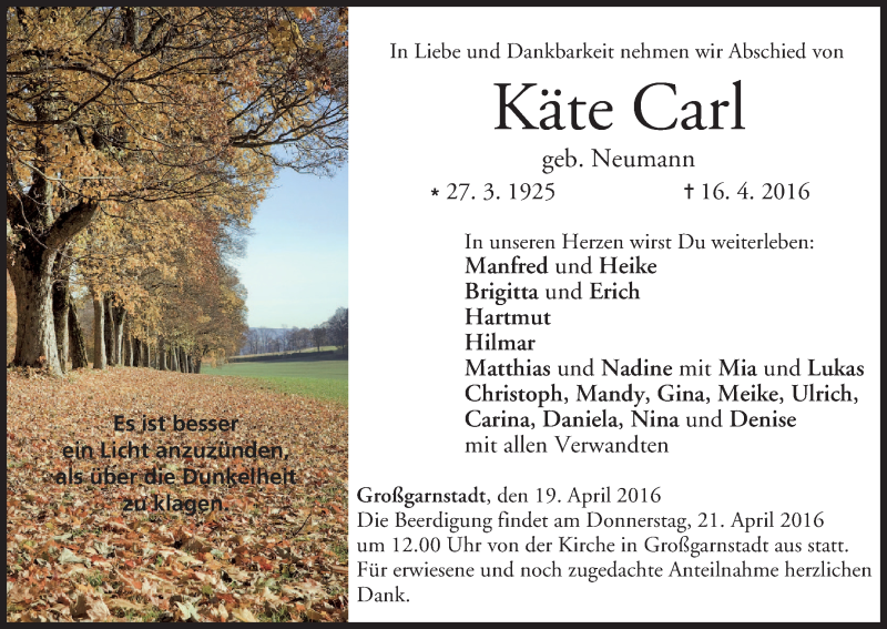  Traueranzeige für Käte Carl vom 19.04.2016 aus MGO