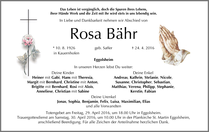  Traueranzeige für Rosa Bähr vom 27.04.2016 aus MGO