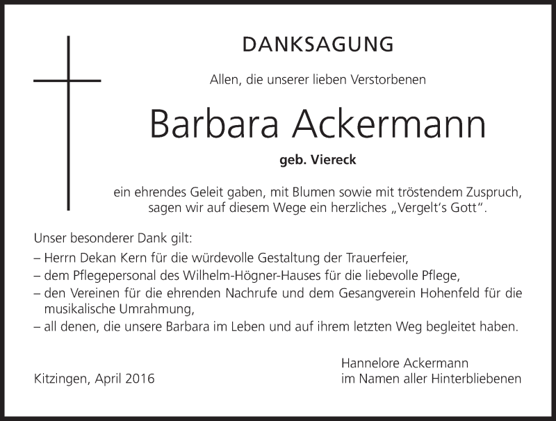  Traueranzeige für Barbara Ackermann vom 30.04.2016 aus MGO