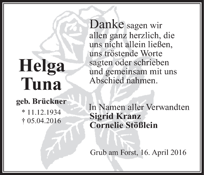 Traueranzeige für Helga Tuna vom 16.04.2016 aus MGO