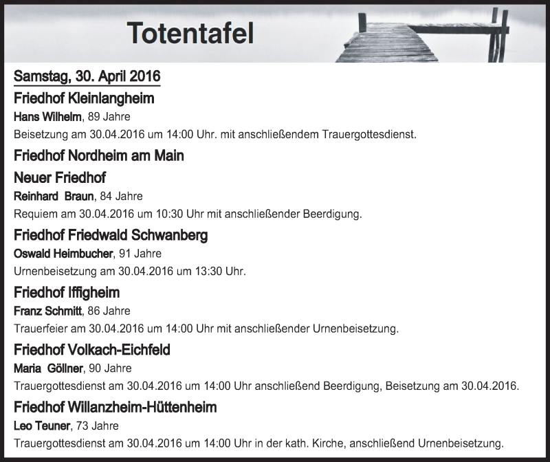  Traueranzeige für Totentafel vom 30.04.2016 vom 30.04.2016 aus MGO