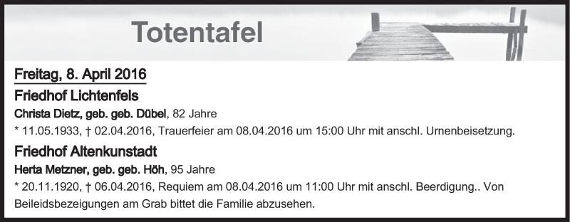  Traueranzeige für Totentafel vom 08.04.2016 vom 08.04.2016 aus MGO