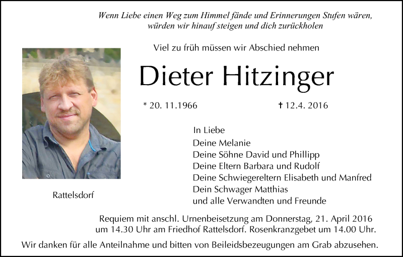  Traueranzeige für Dieter Hitzinger vom 16.04.2016 aus MGO