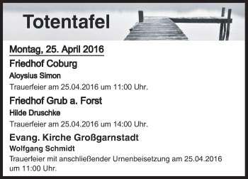 Anzeige von Totentafel vom 25.04.2016 von MGO