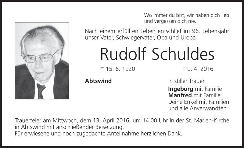  Traueranzeige für Rudolf Schuldes vom 12.04.2016 aus MGO
