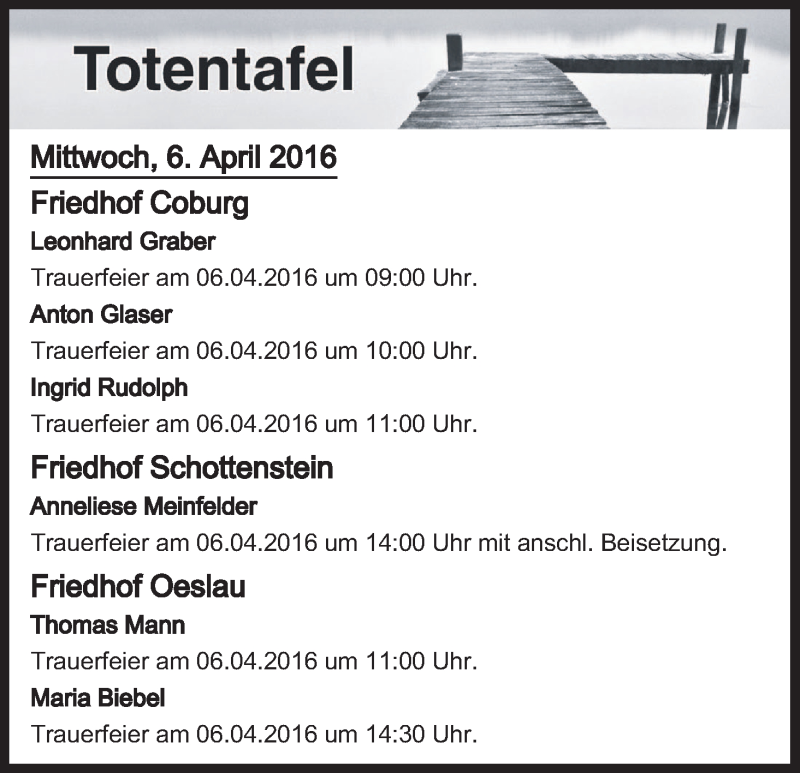  Traueranzeige für Totentafel vom 06.04.2016 vom 06.04.2016 aus MGO