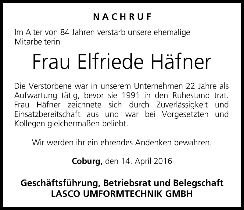  Traueranzeige für Elfriede Häfner vom 14.04.2016 aus MGO